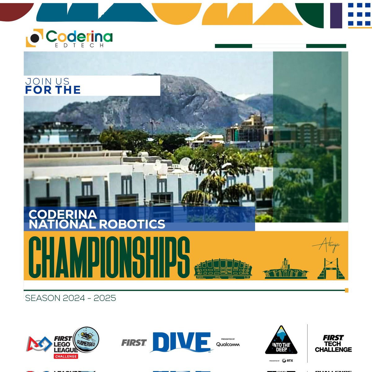 coderina's tweet image. The FIRST LEGO League and FIRST Tech Challenge Nationals is here!
✅ Mark your calendars: 27th - 30th January 2025
📍 Abuja
This year’s theme, "Dive," challenges us to plunge into innovation, explore uncharted waters, and tackle real-world problems through STEM
#Coderina