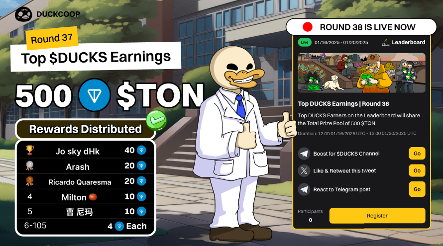 Ducks_realcoop's tweet image. 🎁 Top $DUCKS Earnings Round 37: 500 $TON Rewards Distributed 🏆

Massive congrats to the duckies who nailed Round 37 of Top $DUCKS Earnings and get those $TON rewards! 👏🔥

🥇 Jo sky dHk - 40 $TON
🥈 Arash - 20 $TON
🥉 Ricardo Quaresma - 20 $TON
4️⃣ Milton 🍅 - 10 $TON
5️⃣ 曹…