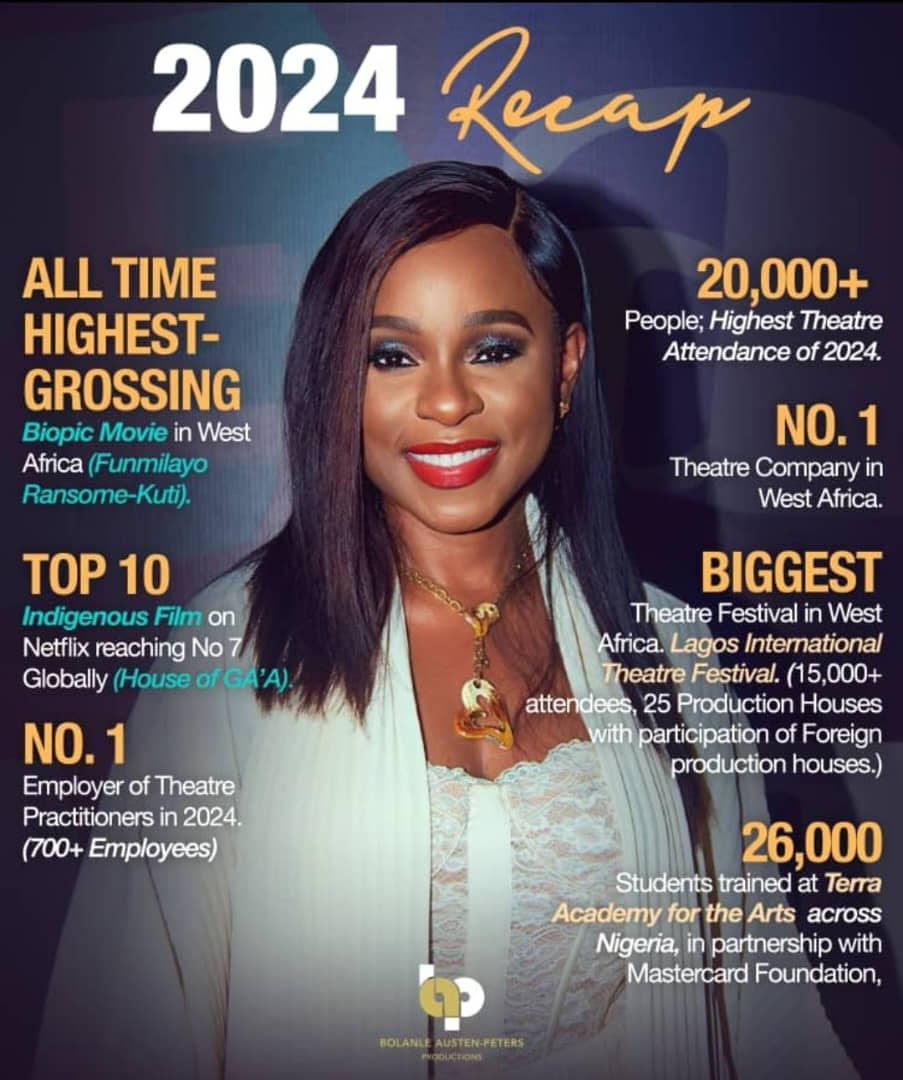 Congratulations to Bolanle Austen-Peters and her team for making Nigeria proud in the creative industry.  The trained lawyer turned theatre and movie amazon is exceptional in her deliveries on stage and on cinema screens.
