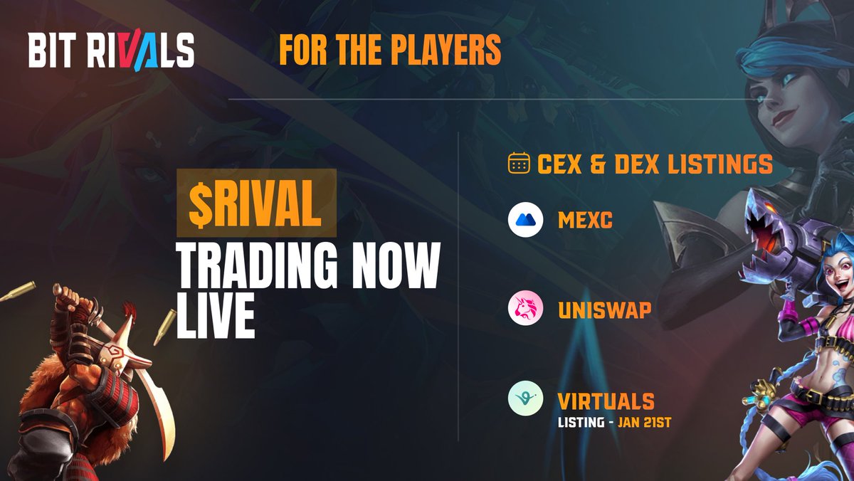 🚨 ATTENTION RIVALRY 🚨

The moment you’ve all been waiting for is finally here! 

$RIVAL TRADING IS NOW LIVE! 📈 🔥

Contract Address (BASE)
0x41a359EecffBaAbE3b6a11A285Ee4aE6c9e3BC99

CEX Listings: (RIVAL/USDT)
🪙 MEXC: mexc.com/exchange/RIVAL…

Claiming Portals: (12:00 UTC)
🔐