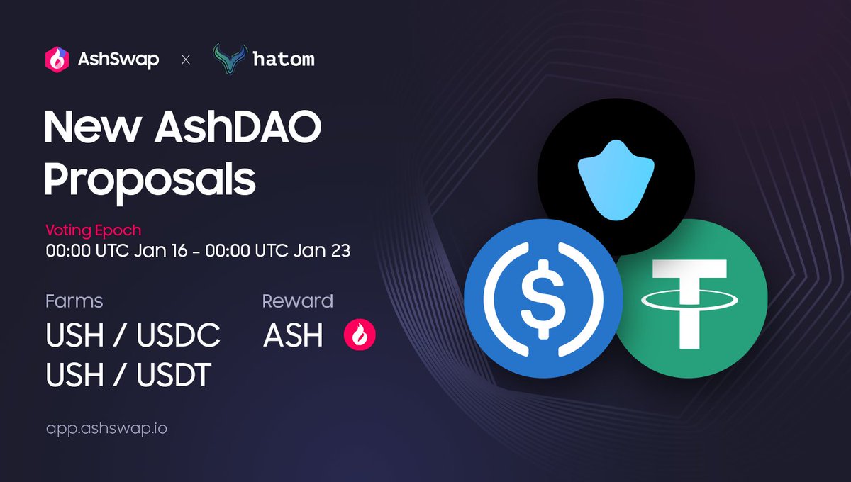 ash_swap's tweet photo. 📣 NEW ASHDAO PROPOSALS: To list $USH - $USDC and $USH - $USDT farms to ASH Farm Controller.

📌 https://t.co/jEAPMWpeOc
📌 https://t.co/Jb3Xg4XuSy

Get ready for @HatomProtocol new token launch! Welcome $USH to AshSwap - a new stablecoin designed to bring decentralized stability, trading activities, and revenue on @MultiversX.

Excited yet? Vote now before the epoch ends! 💪