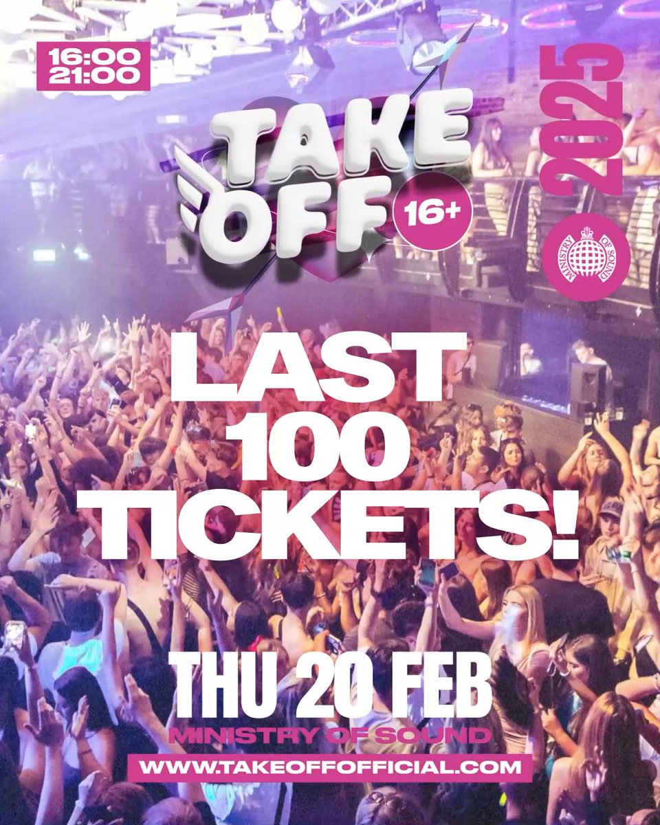 ⚠️ 𝗙𝗜𝗡𝗔𝗟 𝟭𝟬𝟬 𝗧𝗜𝗖𝗞𝗘𝗧𝗦 𝗢𝗡 𝗦𝗔𝗟𝗘 ⚠️

Take Off 16+ 🚀 Thurs 20 Feb at Ministry of Sound 🪩 That’s it. That’s the message. 

🎟️👉 fatso.ma/029n

#takeoffuk #rave