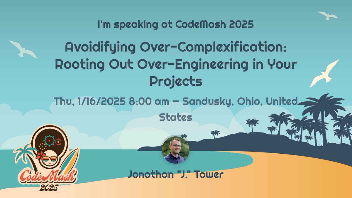 TrailheadTech's tweet image. Today at 8AM at #CodeMash, join Jonathan &quot;J.&quot; Tower to learn practical strategies for identifying and eliminating over-engineering in your software projects. 

#CodeMash2025 #SoftwareEngineering #SoftwareArchitecture