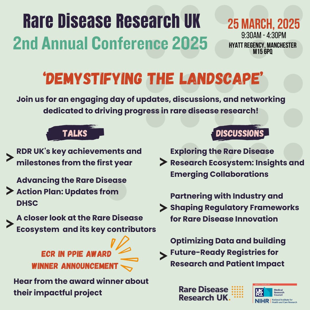 📢Registrations Now Open📢

🌟Join us for our 2nd Hybrid Annual Conference!🌟

💊inspiring keynote speakers 🪩lively panel discussions💥connect with others who are just as passionate about driving progress in rare disease research!

🔗tinyurl.com/RDRUKConf