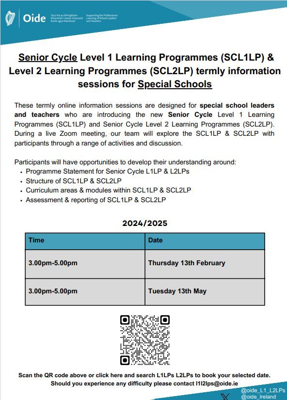 Reminder for school leaders and teachers: Upcoming Live Zoom Meeting: Topic: Senior Cycle Level 1 &amp; Level 2 Learning Programmes termly information sessions for Special Schools Date: Thursday, February 13th Time: 3:00 - 5:00pm  Be sure to join and spread the word please!