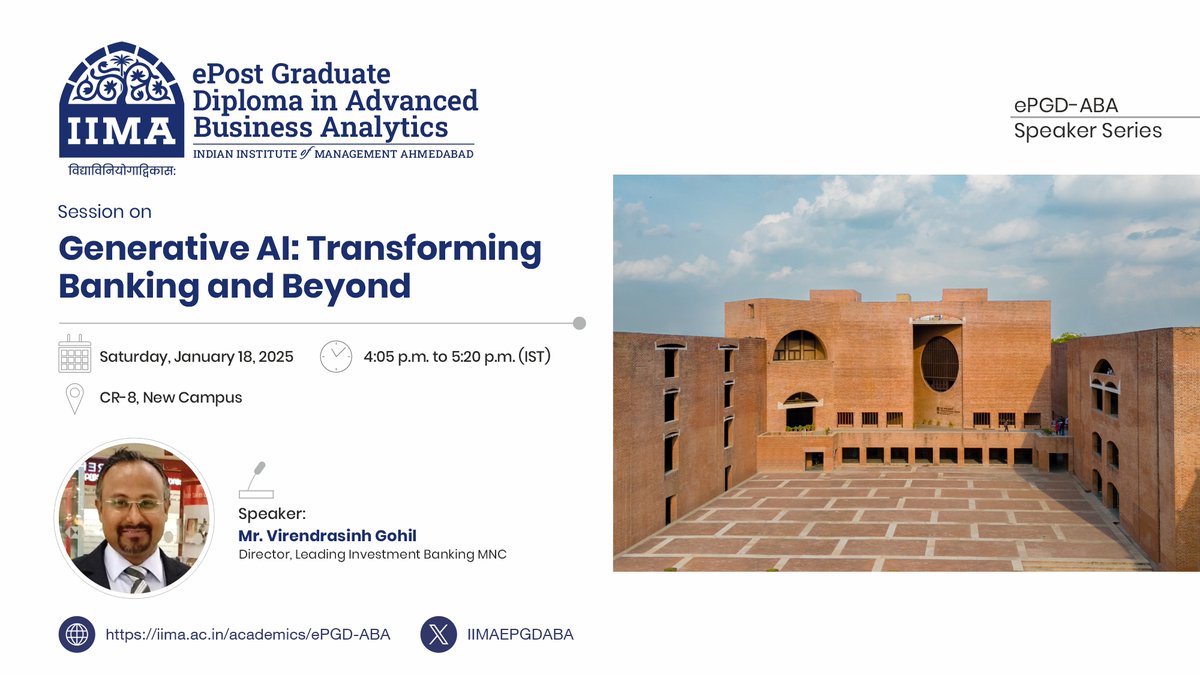 Guest Session!       

We are excited to welcome our guest speaker, Mr. Virendrasinh Gohil, Director of leading Investment Banking MNC, to the IIMA campus.     

He will deliver a session on Saturday, January 18, 2025, for the ePGD-ABA students.