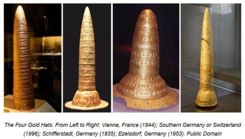 histories_arch's tweet photo. Four Golden Hats of the Bronze Age -

The four gold hats are rare archaeological finds dating back to the Bronze Age. The hats all appear to have been created sometime around the middle of this period, ranging from 1400-800 BC. They were each discovered separately, over the course of 160 years, in different locations, three of them in Germany and one in France. 

The golden relics are constructed of sheets of gold, with intricate astronomical designs and demonstrate superb craftsmanship. While the four hats bear striking similarities, they are also somewhat unique in their specific features.

The function of the hats is uncertain. Their conical design mimics the well-known image of a witch’s or wizard’s hat, leading to speculation that the hats were worn by individuals who held such a position. The hats are engraved with symbols that may have been used to make agricultural and/or astronomical predictions, and  possibly raising the wearer to divine status.

#archaeohistories