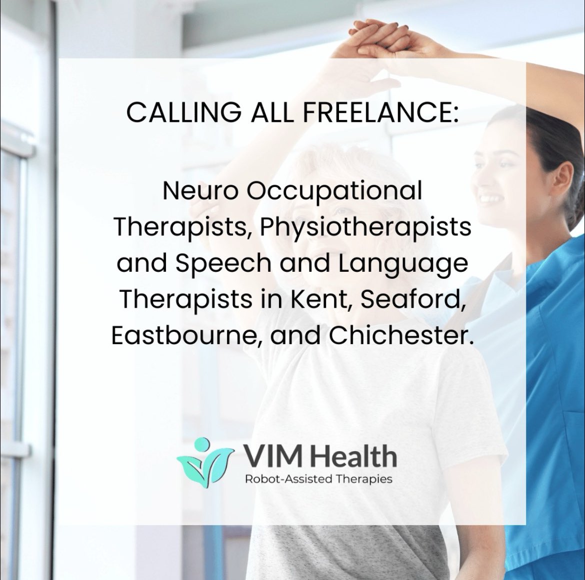 VIM Health (@vimhealthcare) on Twitter photo We’re seeking freelance Neuro Physios, OTs & SLTs in Kent, Seaford, Eastbourne & Chichester for flexible home and community visits (daytime, evening or weekends).
Interested? Email info@vimhealthcare.co.uk or call 01273 037400 #HealthcareJobs We’re seeking freelance Neuro Physios, OTs & SLTs in Kent, Seaford, Eastbourne & Chichester for flexible home and community visits (daytime, evening or weekends).
Interested? Email info@vimhealthcare.co.uk or call 01273 037400 #HealthcareJobs