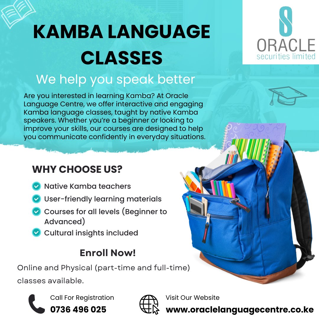 OracleLanguage's tweet image. Kamba Language Classes in Nairobi
Want to enroll in Kamba language classes? Join us at Oracle Language Centre and start your journey to learning Kamba.
Join us today!
Call: 0736 496 025
Website:oraclelanguagecentre.co.ke/kamba-language…
#languagelearning #kambaculture #karen