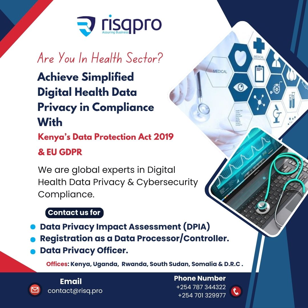 risqpro's tweet photo. Now, all health sector institutions need Digital Health Data Privacy  compliance requirement under the Data Protection Act, 2019. 
Inquire with us: https://t.co/M7HreVTAtL 
@MOH_Kenya @kmpdu @KNH_hospital @KenyaMedics_KMA @kutrrh @MTRHofficial @ira_kenya https://t.co/iKIvggfF6d