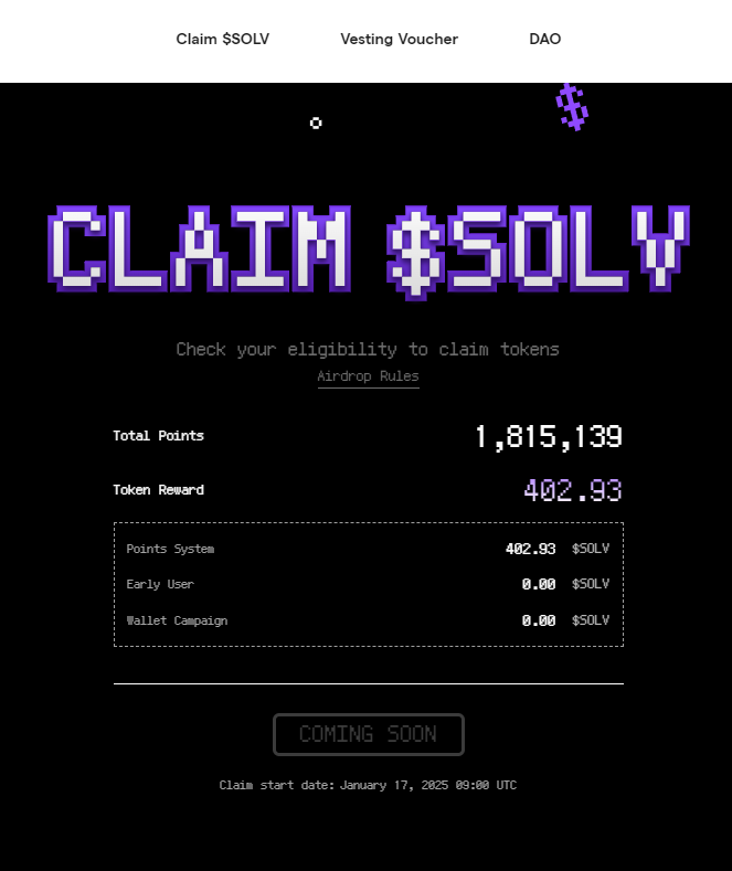 Dự án Solv đã cho mọi người kiểm tra số token thực nhận

🔗 solv.foundation/claim

Mọi người sẽ claim được vào ngày mai, đồng thời dự án cũng list sàn.

Mn không unstake thì sẽ tự động tham gia ss2.

⭐️ Mọi người đang hold BTC trên BSC có thể làm như thế