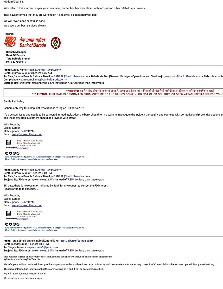 arpitanee's tweet photo. @bankofbaroda @RBI @FinMinIndia @PMOIndia @BankofBarodaCEO
Bob senior management team showing insensitive  behavior for resolution of complaint regarding interest rate discrepancy from more then last month. Complaint no. 1333863519625705620. Request to take appropriate action. https://t.co/Dc5xYA4viE