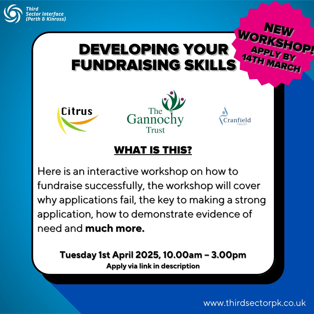 The Gannochy Trust have announced this workshop to build the skills and confidence of staff and others who are responsible for making funding applications to grant-making trusts and foundations.

Apply here: docs.google.com/forms/d/e/1FAI…

More info: tinyurl.com/37ta8wue