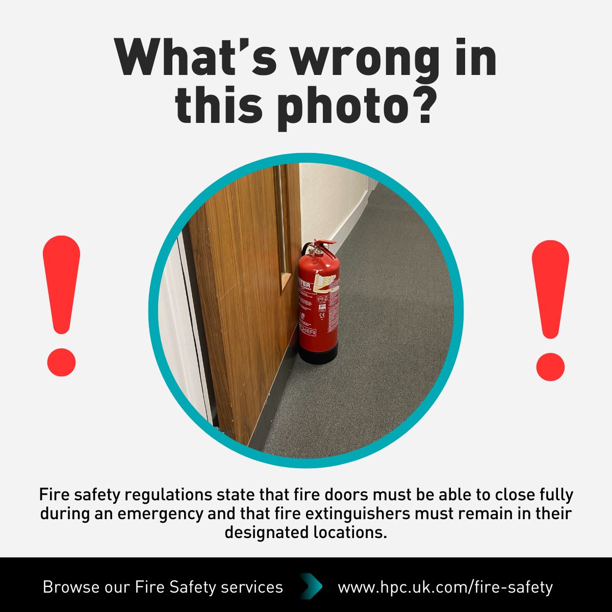 What's wrong in this photo? 🧯 

❗ The fire extinguisher has been used to prop the door open. 

Fire Safety regulations require that doors must be able to close fully during an emergency and that fire extinguishers must remain in their designated locations.

#FireSafety