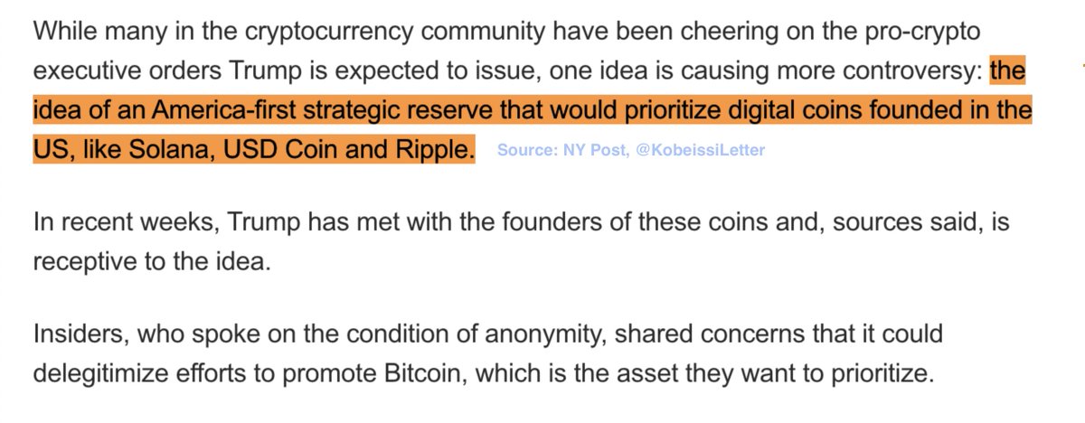 BREAKING: Donald Trump is expected to propose forming an America-first crypto reserve that would "prioritize digital coins founded in the US," per NY Post.

This would include coins like Solana, USD Coin and Ripple.