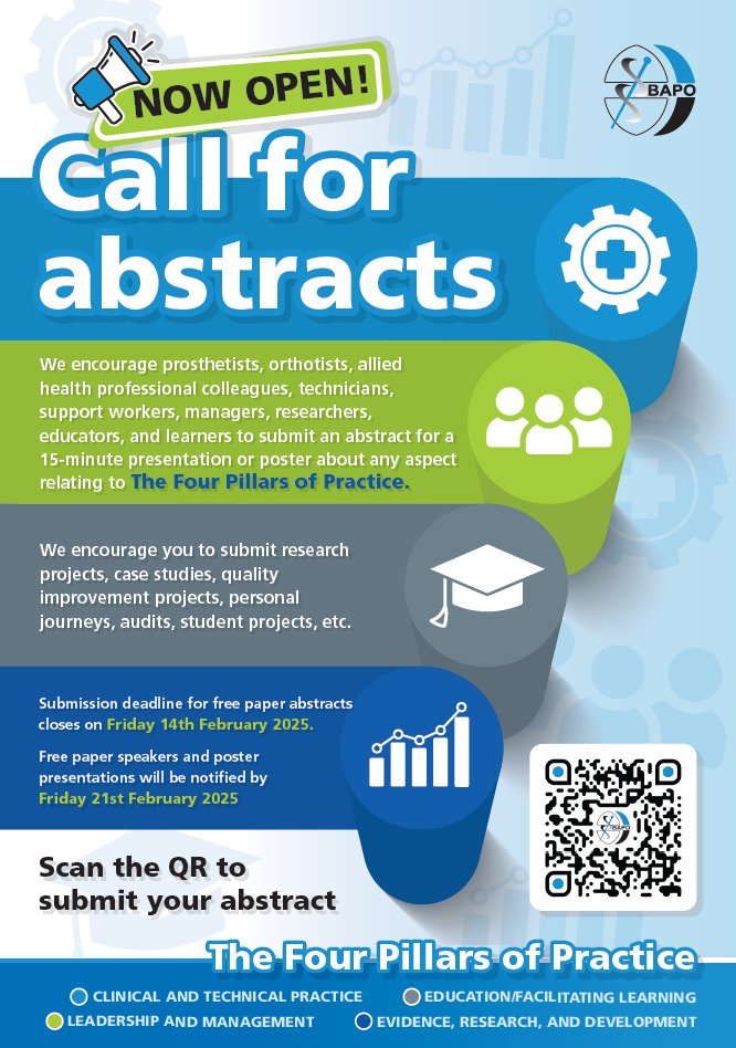 Call for abstracts! We encourage people to submit an abstract for a 15-minute presentation or poster about any aspect relating to The Four Pillars of Practice For more information visit: forms.office.com/e/T44sBBi3T1
Closes 14/02/2025