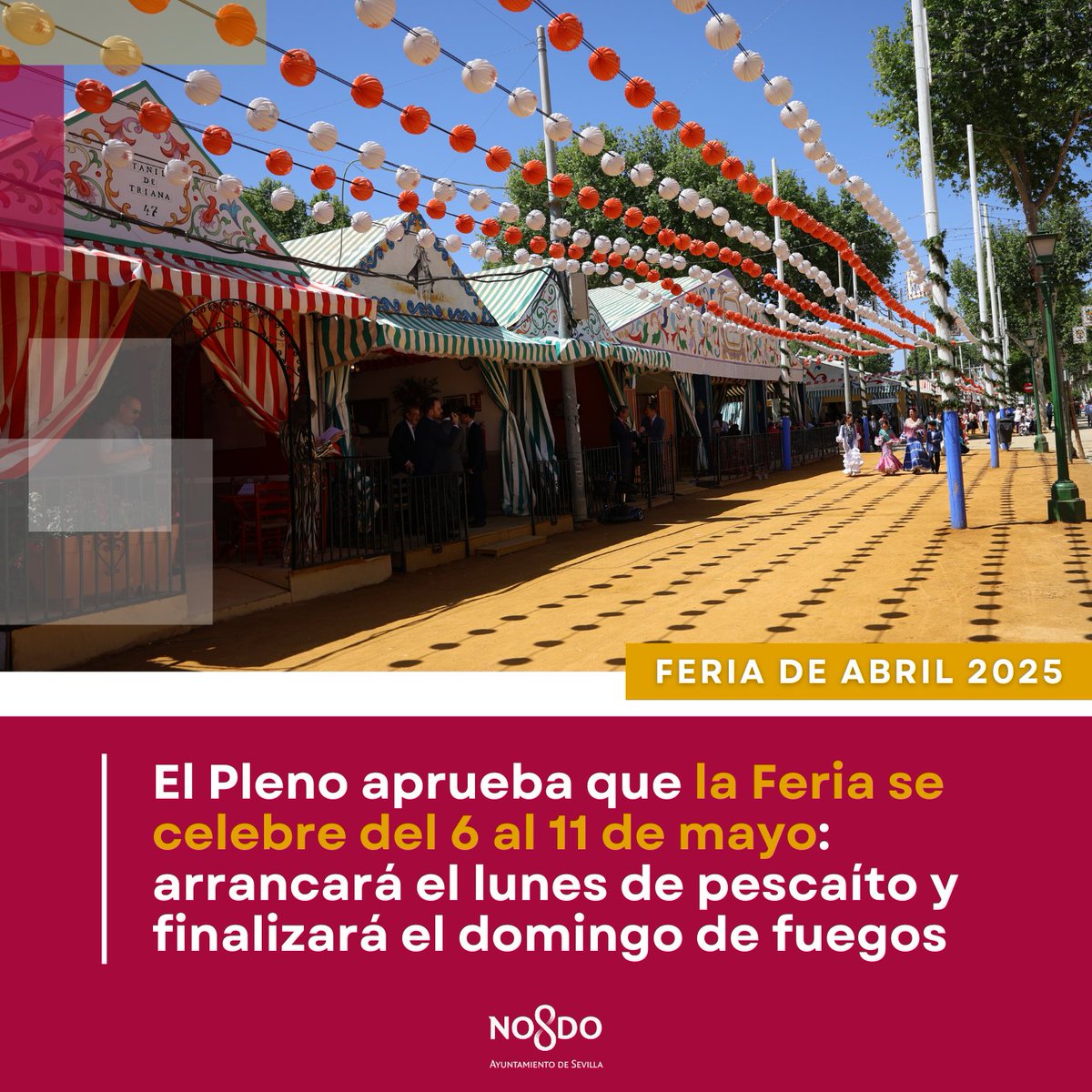 El Pleno aprueba que la #FeriadeAbril25 🥂🎠 vuelva a celebrarse en su modelo tradicional: con el alumbrado en la noche del lunes de pescaíto y finalizando el domingo de fuegos.

🗓️ Este año, la Feria se celebrará entre el 6 y el 11 de mayo.