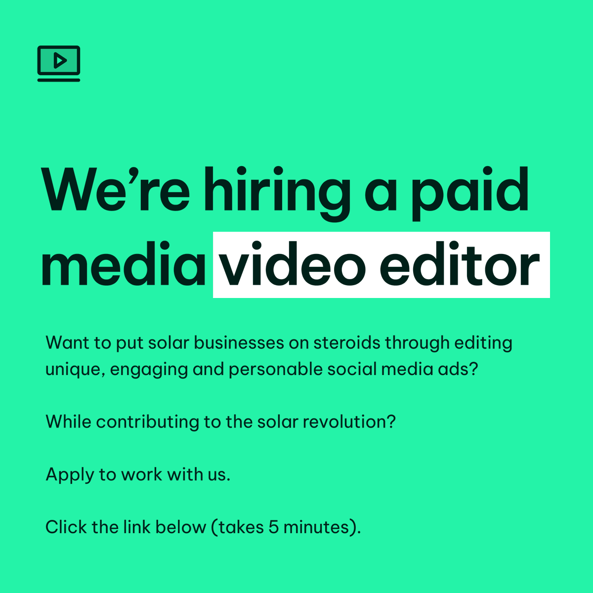 judecornish's tweet photo. Talented video editor?

Ideally with experience with editing Meta ads?

Join us.

You'll see the exact, attributed revenue that our clients have generated as a result of the ads you edit.

You'll be contributing to the solar revolution in the UK.

You'll be a part of a rapidly growing team and scaling business.

You'll be well compensated (with potential bonuses for high performing creatives)

Open to pay per video, per hour and salary + bonus etc.

Apply below.
 
https://t.co/2eSFXoMX2h