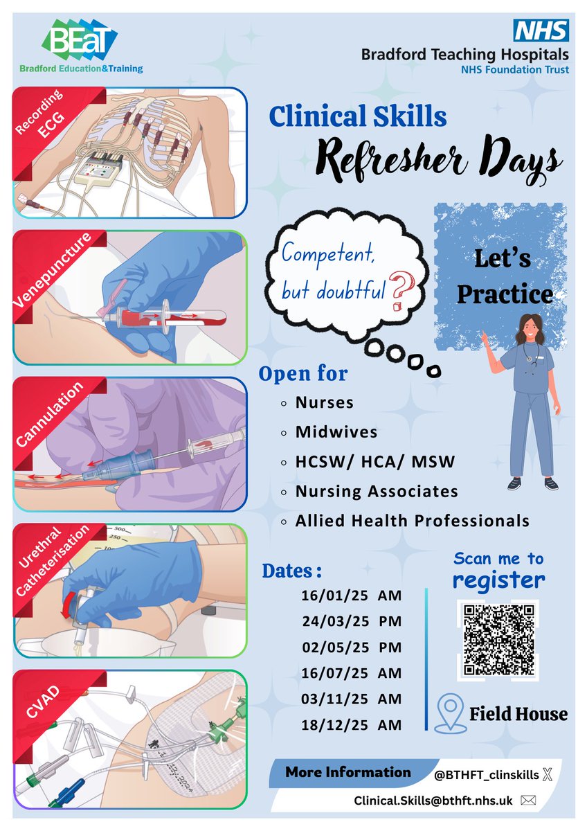 BTHFT_clinskills (@clinskills) on Twitter photo Feeling rusty with your clinical skills? Our Clinical Skills Refresher Sessions are here! Perfect for staff returning from a break or needing a confidence boost in core skills after 6-12 months. Let’s rebuild that confidence - check poster for details 💉🩺 <a href="/BTHFT/">Bradford Teaching Hospitals NHS FT</a> <a href="/BTHFTsimtech/">BTHFT Education, Simulation & Surgical Skills 💙</a> Feeling rusty with your clinical skills? Our Clinical Skills Refresher Sessions are here! Perfect for staff returning from a break or needing a confidence boost in core skills after 6-12 months. Let’s rebuild that confidence - check poster for details 💉🩺 <a href="/BTHFT/">Bradford Teaching Hospitals NHS FT</a> <a href="/BTHFTsimtech/">BTHFT Education, Simulation & Surgical Skills 💙</a>