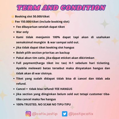 jastipcatix's tweet photo. OPEN JASTIP / TICKETING SERVICE

NCT WISH ASIA TOUR LOG in JAKARTA

🔆 Fee 150k/tix 
🔆 Booking slot 50k/tix (inc fee)
🔆 Pakai data customer
🔆 Trusted

Dm for booking/more info❤️‍🔥

#NCTWISH_LOGin #nctwishasiatourinjakarta #NCTWISH_ASIA_TOUR #jastipnctwish #jastipnctwishjakarta https://t.co/VzxHJMYlDj