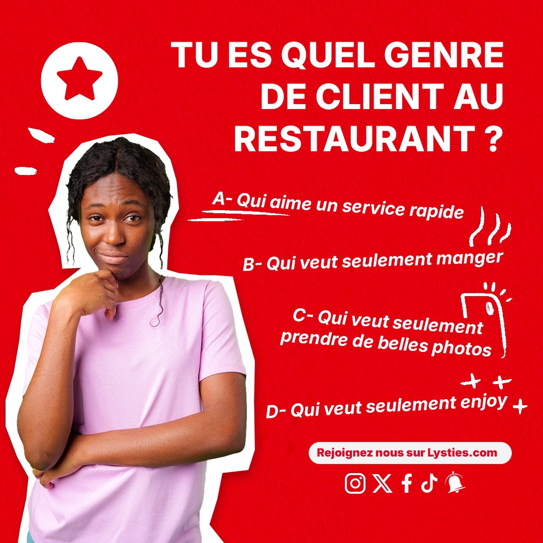 Alors, c’est quoi ta personnalité au resto ? 😎

• Je mange, et basta. Pas de chichis
• Je regarde la carte si ce n’est pas bon je pars
• Je suis seulement là pour les photos 
• Je suis là pour enjoy 

Partagez vos expériences sur Lysties.com