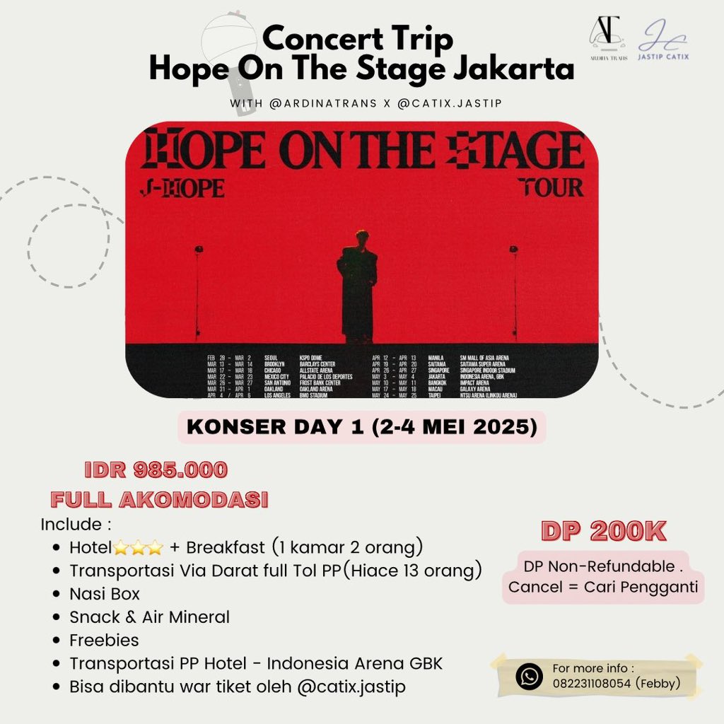 moniilaaa's tweet photo. OPEN CONCERT TRIP : HOPE ON THE STAGE JAKARTA DAY 1 ONLY 

📆2-4 Mei 2025 (2D1N)
❗️Limited Slot.

💰PRICE
IDR 985.000 | DP 200.000 (Non refundable)

DM for more info🤗💜

#JHOPE #jhope_TOUR #HopeOnTheStageTour #HOPE_ON_THE_STAGE_TOUR https://t.co/YuDDhSIpp4