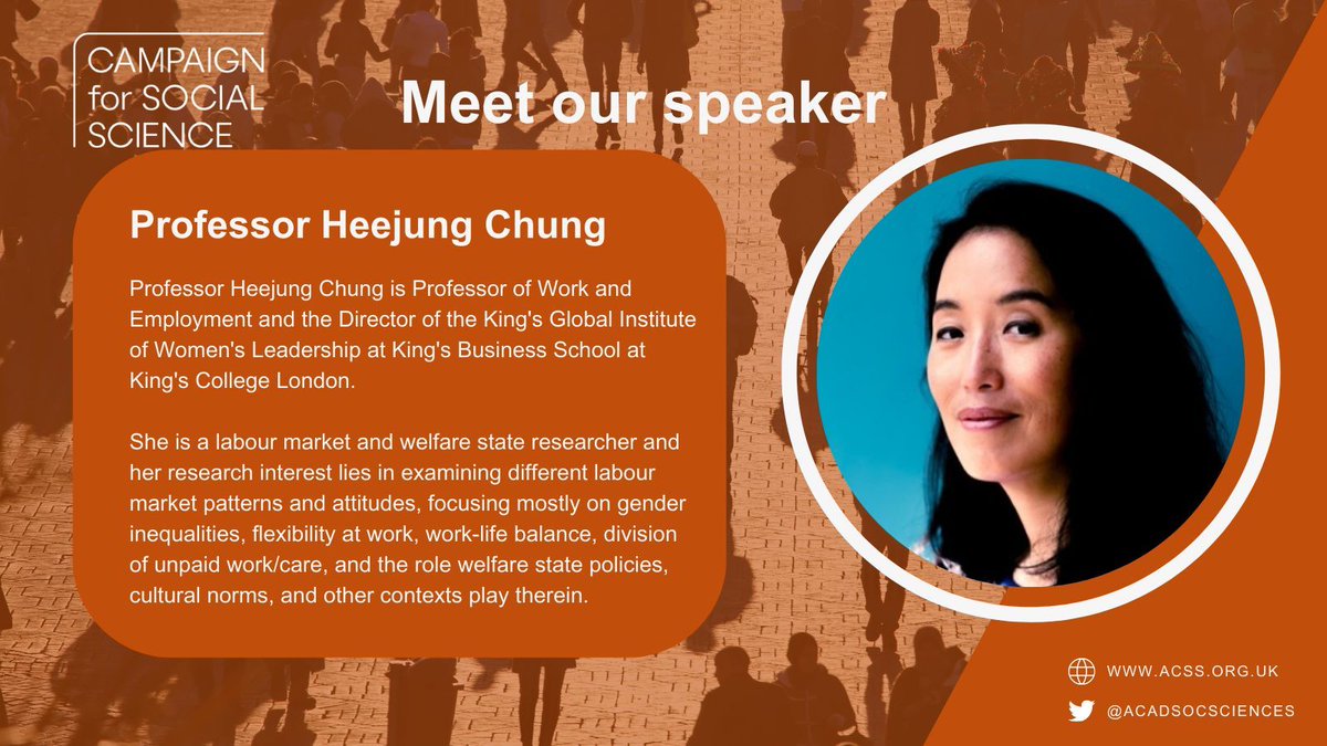 Campaign for Social Science (@cfsocialscience) on Twitter photo Speaker announcement📣 <a href="/HeejungChung/">Prof. Heejung Chung</a> (Director of <a href="/GIWLkings/">King's Global Institute for Women's Leadership</a> ) will join our webinar panel to discuss how the UK can balance its economic priorities against large & growing inequalities across society.
📅 26 Feb
⏰ 12.30pm-1.30pm
💻 Online
Register now➡️ buff.ly/3CnXKPc Speaker announcement📣 <a href="/HeejungChung/">Prof. Heejung Chung</a> (Director of <a href="/GIWLkings/">King's Global Institute for Women's Leadership</a> ) will join our webinar panel to discuss how the UK can balance its economic priorities against large & growing inequalities across society.
📅 26 Feb
⏰ 12.30pm-1.30pm
💻 Online
Register now➡️ buff.ly/3CnXKPc