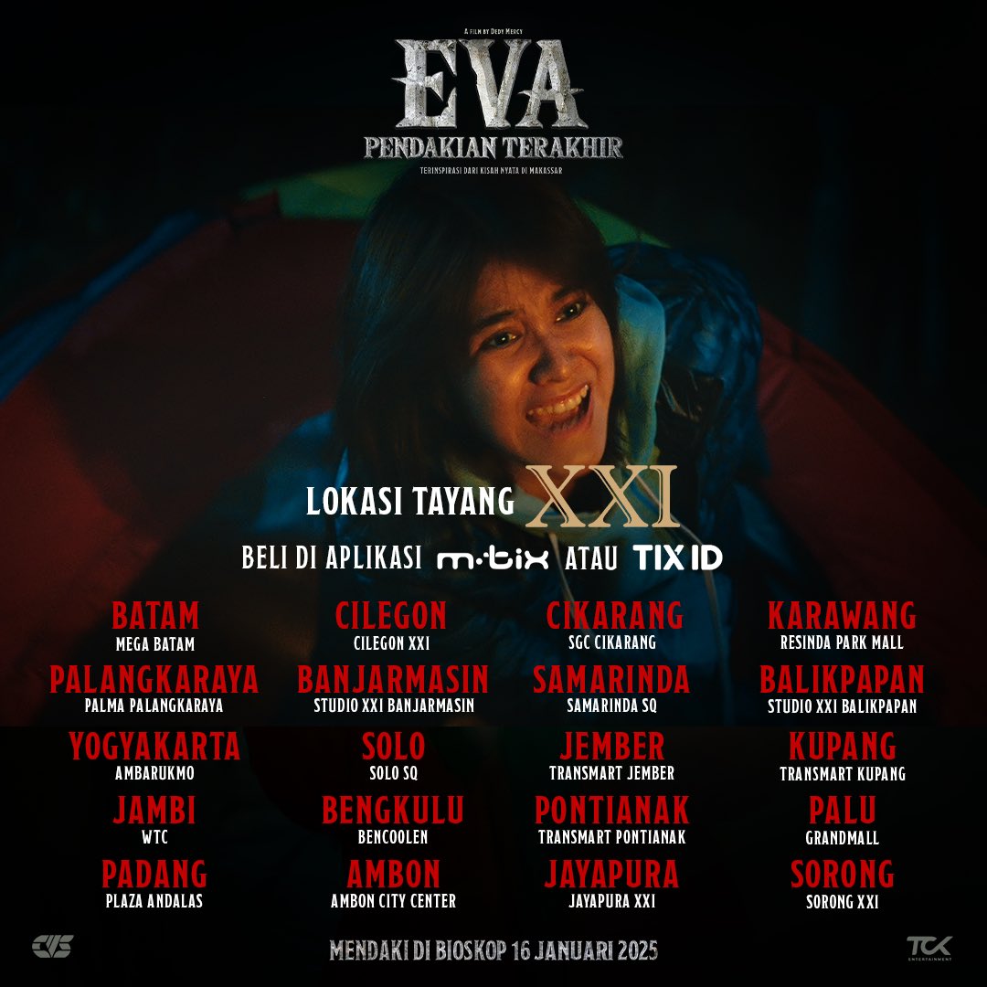 cvs_id's tweet photo. 🤫 70 lokasi tayang cinema 21 🎬

Sedang tayang di bioskop sekitar kalian. Yuk, nonton sekarang juga! 

#EvaPendakianTerakhir #ComingSoon #16Januari2025 #EVA16Jan2025 #CitraVisualSinema #TitahCitaKreasi https://t.co/97lHgJHiia