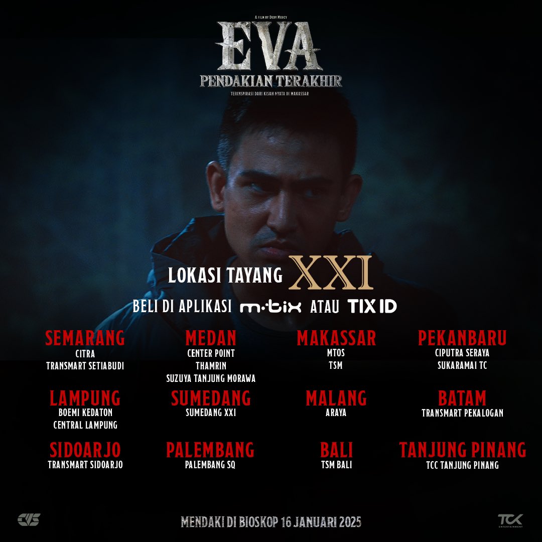 cvs_id's tweet photo. 🤫 70 lokasi tayang cinema 21 🎬

Sedang tayang di bioskop sekitar kalian. Yuk, nonton sekarang juga! 

#EvaPendakianTerakhir #ComingSoon #16Januari2025 #EVA16Jan2025 #CitraVisualSinema #TitahCitaKreasi https://t.co/97lHgJHiia