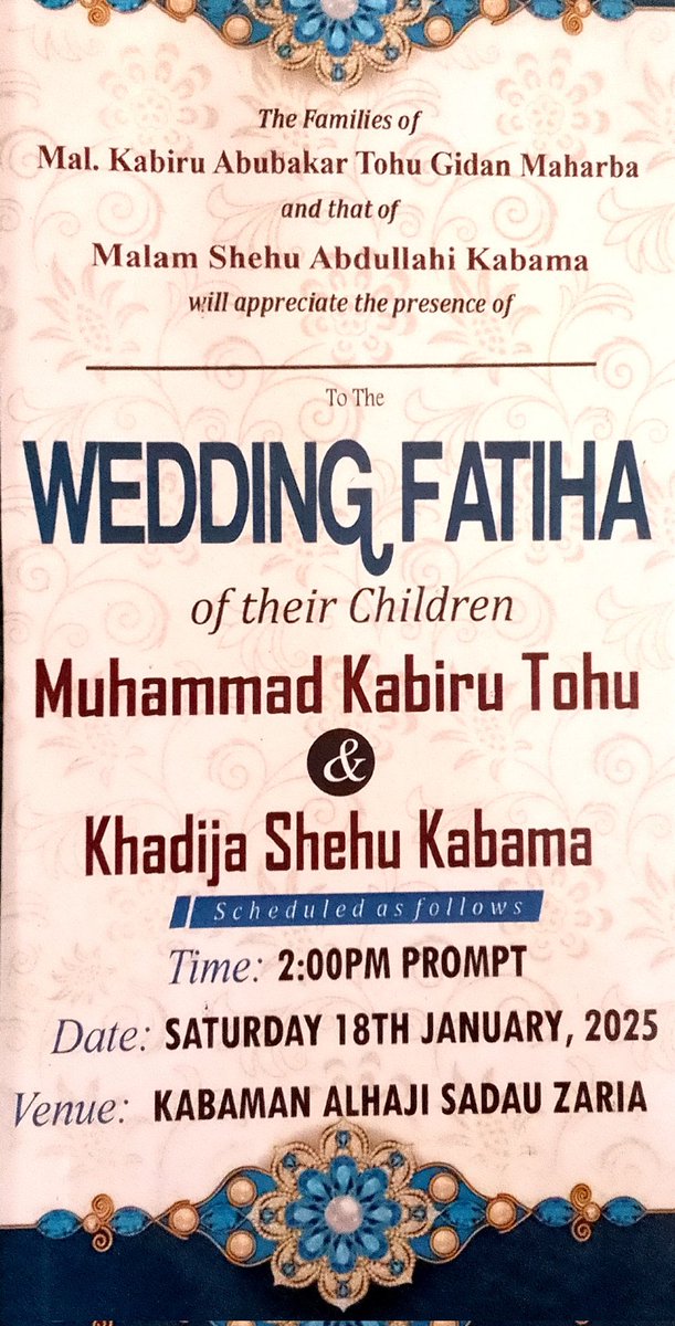 Abdullah8Shehu's tweet photo. Congratulations on your Qur'anic Graduation and wedding on Saturday 18/01/2025 https://t.co/BdAQEyF0mL