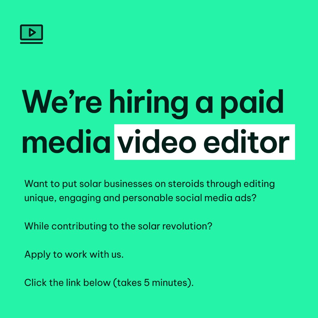 JoeGarbutt_'s tweet photo. Are you a talented video editor?

Join us.

You'll be contributing to the solar revolution in the UK.

You'll be a part of a rapidly growing team and scaling digital marketing agency.

You'll be well compensated

Apply using the link below:

https://t.co/b1J65u0jK9 https://t.co/188SSheHDu