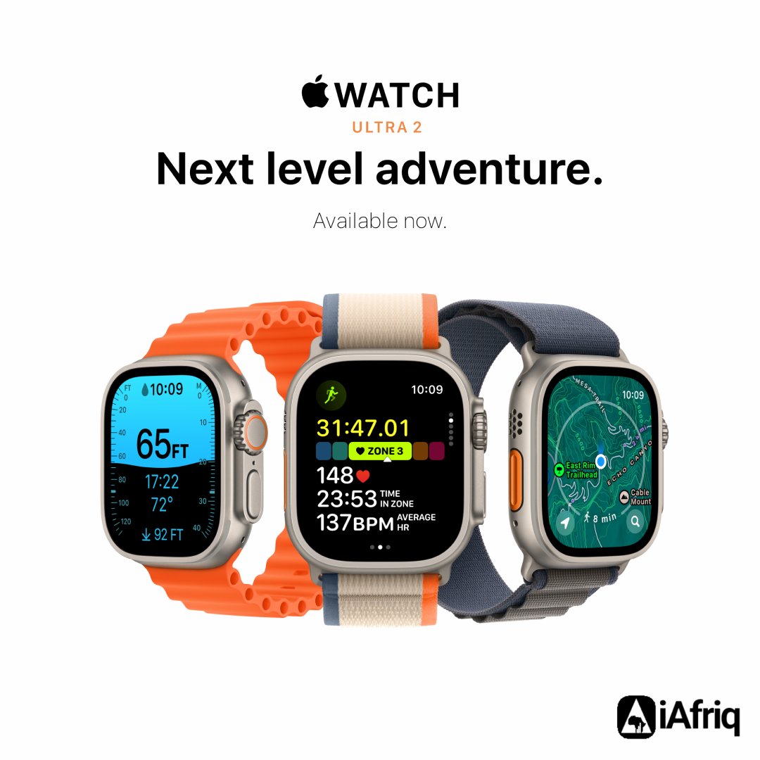 Apple Watch Ultra 2!
 Combines rugged durability with cutting-edge tech:
✅ Precision dual-frequency GPS
✅ Brightest display ever
✅ 36 hours of battery life

Get yours now at #iAfriq – where innovation meets Africa.
#AppleWatchUltra2
#iAfriq
#Apple 
#Smartwatch