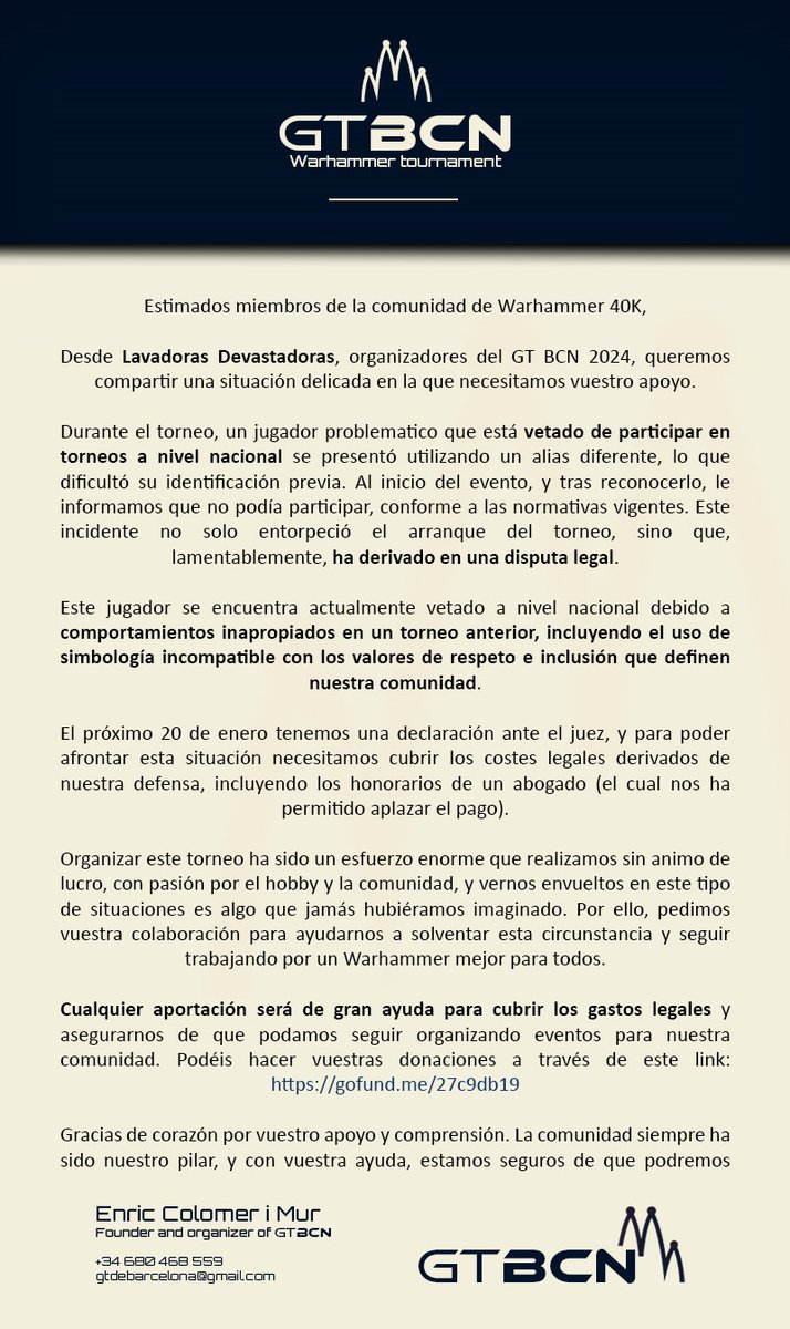 40ktrasfondo's tweet photo. Al parecer el mismo jugador que hizo que workshop tuviera que sacar el post de "el imperio está impulsado por el odio, Warhammer no" ha ido a torneos con pseudónimo y todo ha acabado en disputas legales que el torneo afectado no puede pagar... 

https://t.co/IPQsQMq366 https://t.co/XEN3OI170V