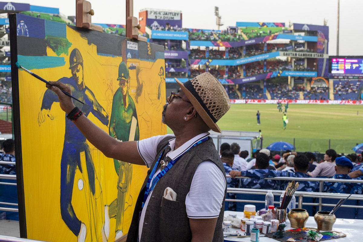 ICC's tweet image. "Cricket’s Greatest Canvas" was brought to life by Paresh Maity, celebrating iconic moments of #CWC23 ✨ 

Catch it at Taj Dubai between 16 January and 1 March 2025 🗓️