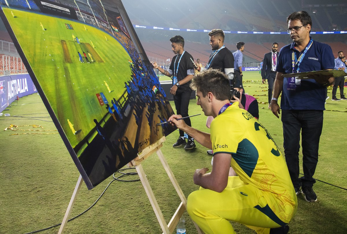 ICC's tweet image. "Cricket’s Greatest Canvas" was brought to life by Paresh Maity, celebrating iconic moments of #CWC23 ✨ 

Catch it at Taj Dubai between 16 January and 1 March 2025 🗓️