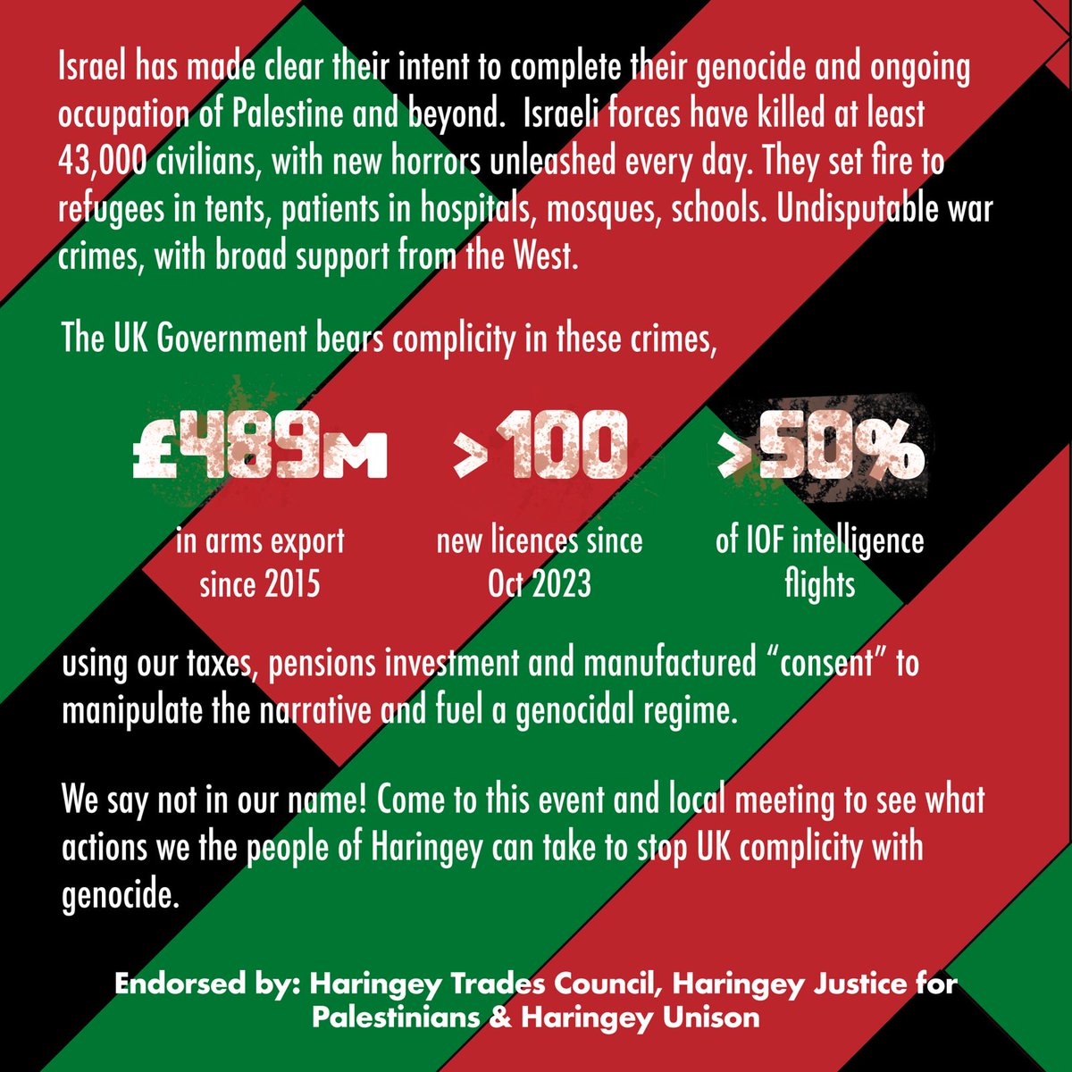 🎉 Come to HTPA's local event to take action against UK &amp; Haringey Council’s complicity in Israel's genocide of Palestinians 🍉🍉🍉🍉🍉

📅 Thursday, 6th February, 6 PM - 8:30 PM
📍 North London Community House, 22 Moorefield Road, N17 6PY

🗣️ Speeches
🎶 Live Music
🤝 Action