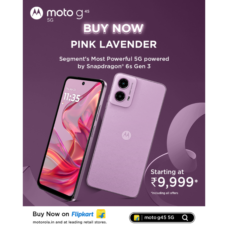 motorolaindia's tweet photo. What are you waiting for? Be among the first to buy the latest #MotoG45 5G in it’s brand new look - Pink Lavender! ✨
Buy Now on @Flipkart, https://t.co/azcEfy2uaW, and at leading retail stores. Starting at ₹9,999*/-
#FastNWow
