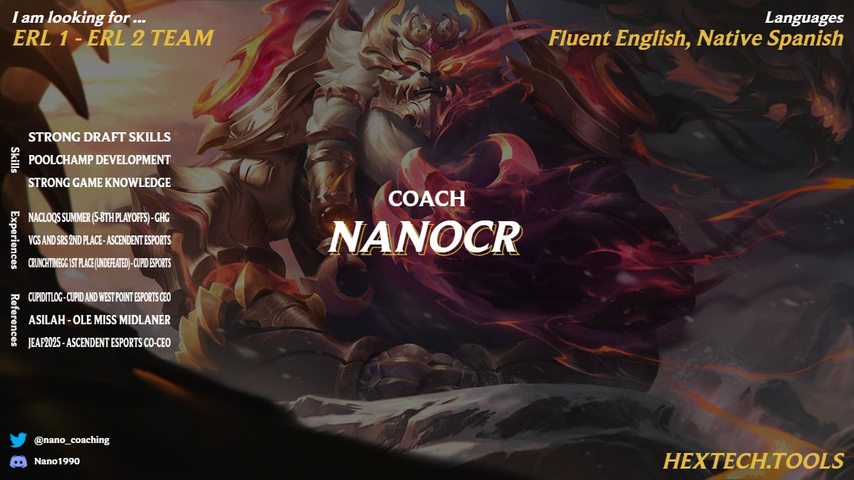 Andres -NanøCR- Venegas (@nano_coaching) on Twitter photo I am LFT as HC,AC,SC in any level of the EU region,Im a pretty passionate coach looking to show my capabilities
DM for Leaguepedia
Appreciate RTs
Preferably paid options
<a href="/lft_prm/">LFT PRM</a>
<a href="/LoL_LFT/">LoL Looking For Team 🇮🇹 🇪🇺</a>
<a href="/LoL_LFT_Fr/">LoL LFT Fr</a>
<a href="/LFT_LOL_Fr/">LFT LOL FR</a>
<a href="/lft_prime/">Prime League LFT</a>
<a href="/LFT_PL/">LFT POLAND</a>
<a href="/LFT_LOL_ES/">LFT_LOL_ES</a>
<a href="/LFT_Original/">Looking For a Team ⚡</a>
<a href="/LFT_LoL_EU/">LFT_LoL_EU</a>
<a href="/LFT_Mena/">LFT_Mena</a> I am LFT as HC,AC,SC in any level of the EU region,Im a pretty passionate coach looking to show my capabilities
DM for Leaguepedia
Appreciate RTs
Preferably paid options
<a href="/lft_prm/">LFT PRM</a>
<a href="/LoL_LFT/">LoL Looking For Team 🇮🇹 🇪🇺</a>
<a href="/LoL_LFT_Fr/">LoL LFT Fr</a>
<a href="/LFT_LOL_Fr/">LFT LOL FR</a>
<a href="/lft_prime/">Prime League LFT</a>
<a href="/LFT_PL/">LFT POLAND</a>
<a href="/LFT_LOL_ES/">LFT_LOL_ES</a>
<a href="/LFT_Original/">Looking For a Team ⚡</a>
<a href="/LFT_LoL_EU/">LFT_LoL_EU</a>
<a href="/LFT_Mena/">LFT_Mena</a>