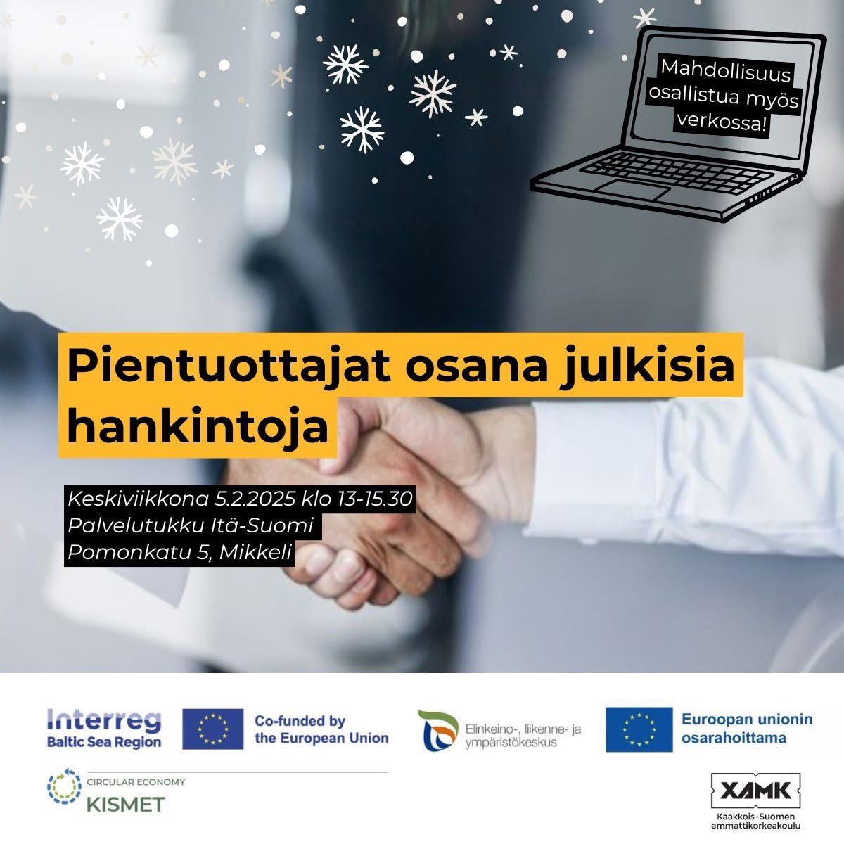 📢 Pientuottajat osana julkisia hankintoja 5.2.2025 klo 13.00–15.30! 🌱
🎯 Ohjelmassa mm.:
✅ Pientuottajien mahdollisuudet julkisissa keittiöissä.
✅ Vierailu Palvelutukku Itä-Suomen toimitiloissa (Mikkeli).
📅 Ilmoittaudu 3.2.2025 mennessä! 👉
xamk.fi/tapahtuma/pien…