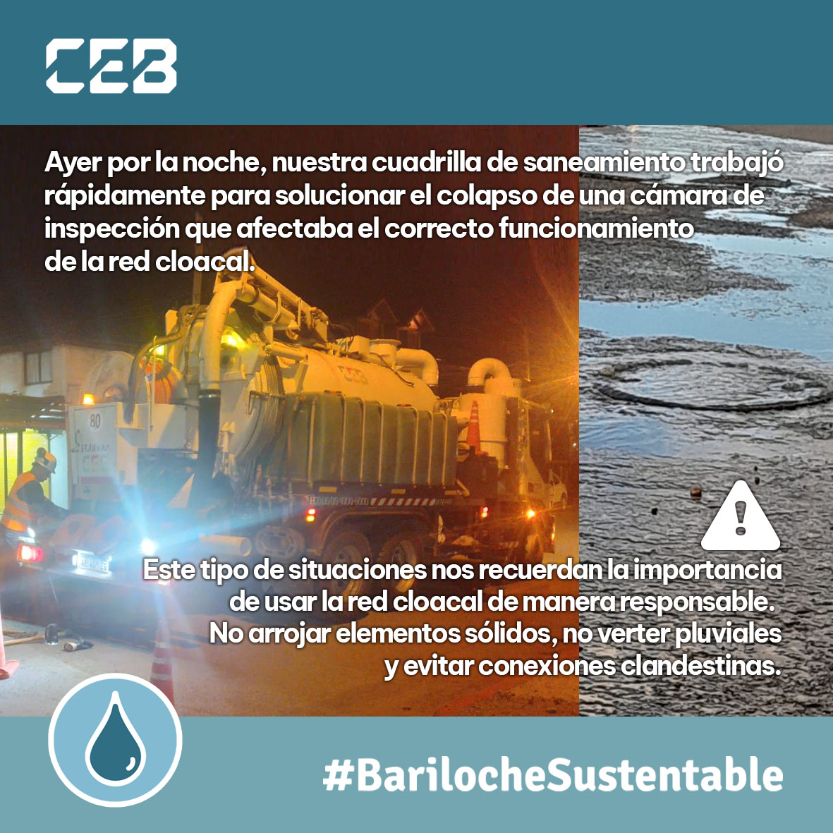 Ayer por la noche, nuestra cuadrilla de saneamiento trabajó rápidamente para solucionar el colapso de una cámara de inspección que afectaba el correcto funcionamiento de la red cloacal. 🌊

👉 Trabajamos para un Bariloche Sustentable.