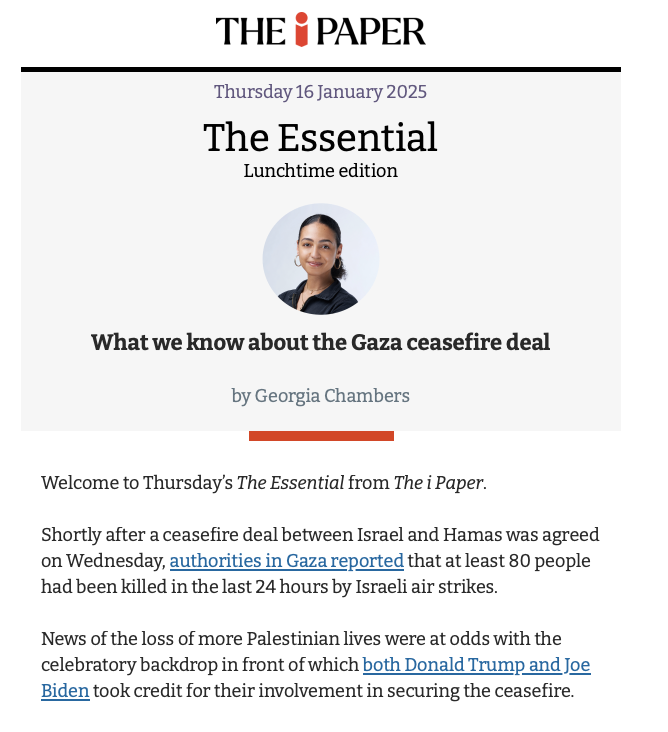 georgiaecha's tweet photo. A must-read edition of The Essential today from @theipaper – we discuss the Gaza ceasefire deal, our ‘broken’ NHS and why Tories are more likely to be Traitors...sign-up for free here! https://t.co/Q8BtL9vUFq https://t.co/SysrkZz8En