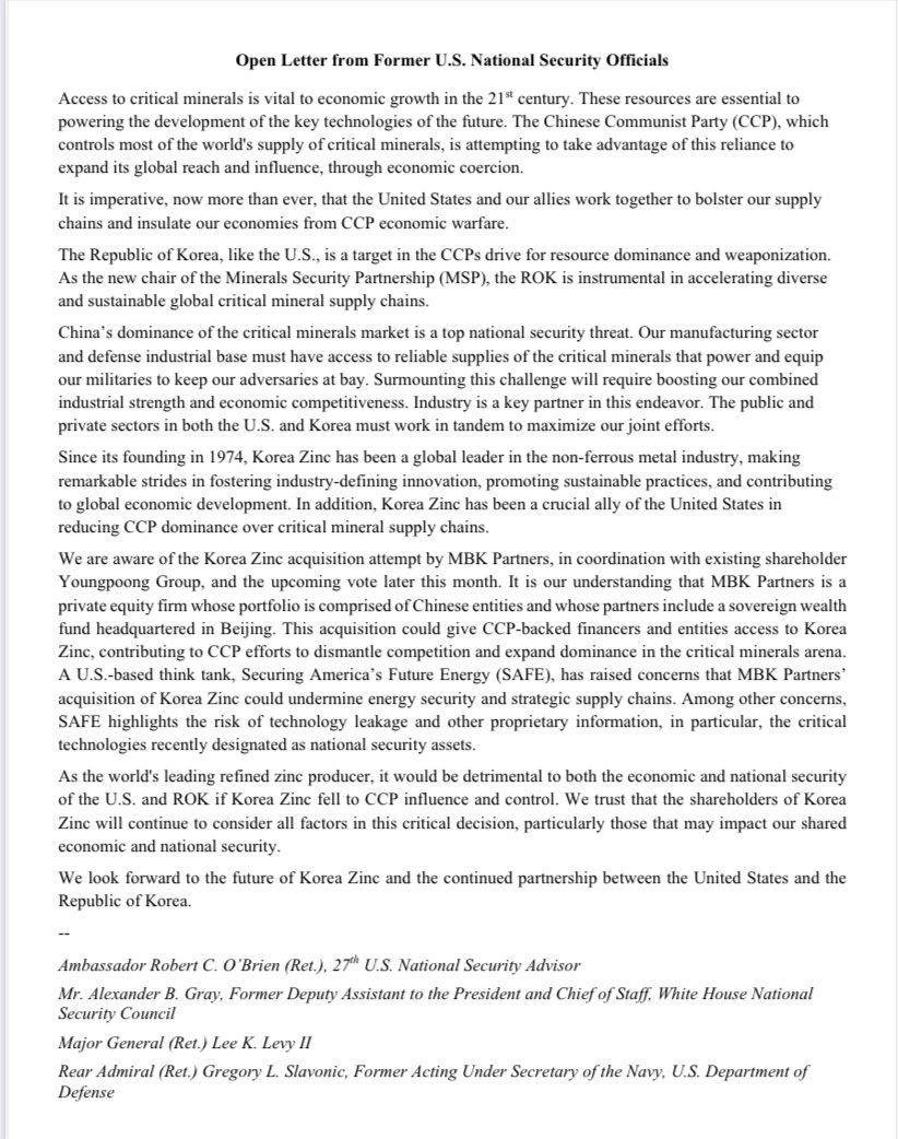 Access to #criticalminerals is vital to our economic growth in the 21st century. The US &amp; our Allies must work together to protect our economies from CCP economic warfare.  In the ROK, Korea Zinc is one company doing its part – see our letter which underscores why companies like