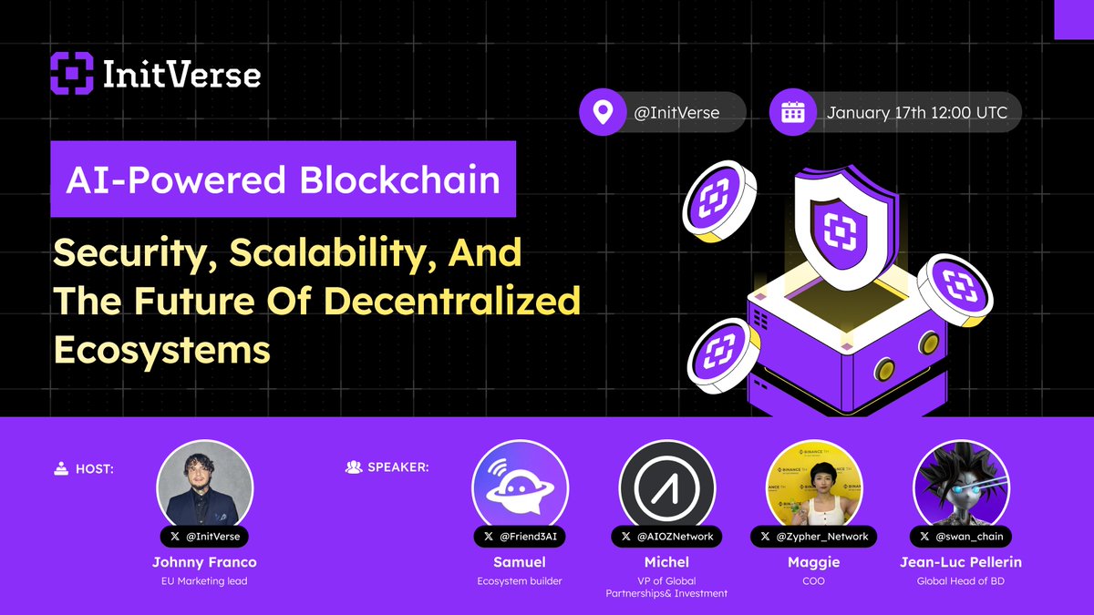 InitVerse (@initverse) on Twitter photo 📢 AMA Alert! 🚀
Wondering how INIChain fits into the AI revolution in blockchain? Let’s explore how AI is transforming blockchain with these incredible guests:
👉 <a href="/Friend3AI/">Friend3.AI</a>
👉 <a href="/AIOZNetwork/">AIOZ Network</a>
👉 <a href="/Zypher_Network/">Zypher Network (Hiring)</a>
👉 <a href="/swan_chain/">Swan Chain (formerly FilSwan)</a>
⏰ Time: Jan 17th 12:00 UTC
📍 Where: 📢 AMA Alert! 🚀
Wondering how INIChain fits into the AI revolution in blockchain? Let’s explore how AI is transforming blockchain with these incredible guests:
👉 <a href="/Friend3AI/">Friend3.AI</a>
👉 <a href="/AIOZNetwork/">AIOZ Network</a>
👉 <a href="/Zypher_Network/">Zypher Network (Hiring)</a>
👉 <a href="/swan_chain/">Swan Chain (formerly FilSwan)</a>
⏰ Time: Jan 17th 12:00 UTC
📍 Where: