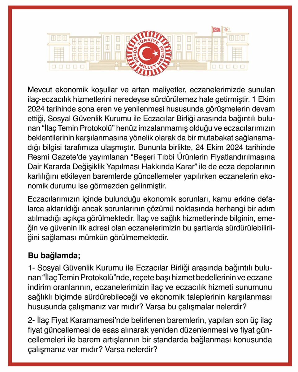 ist_eczaciodasi's tweet photo. Yeniden Refah Partisi Genel Başkan Yardımcısı ve İstanbul Milletvekili Doğan Bekin, eczacıların yaşadığı sorunlarla ilgili tüm İstanbul Milletvekillerine gönderdiğimiz bilgilendirme yazısının ardından, konuyu Türkiye Büyük Millet Meclisi'ne (TBMM) taşıyarak bir soru önergesi sundu. Göstermiş olduğu ilgi ve destek için Bekin’e teşekkür ederiz.