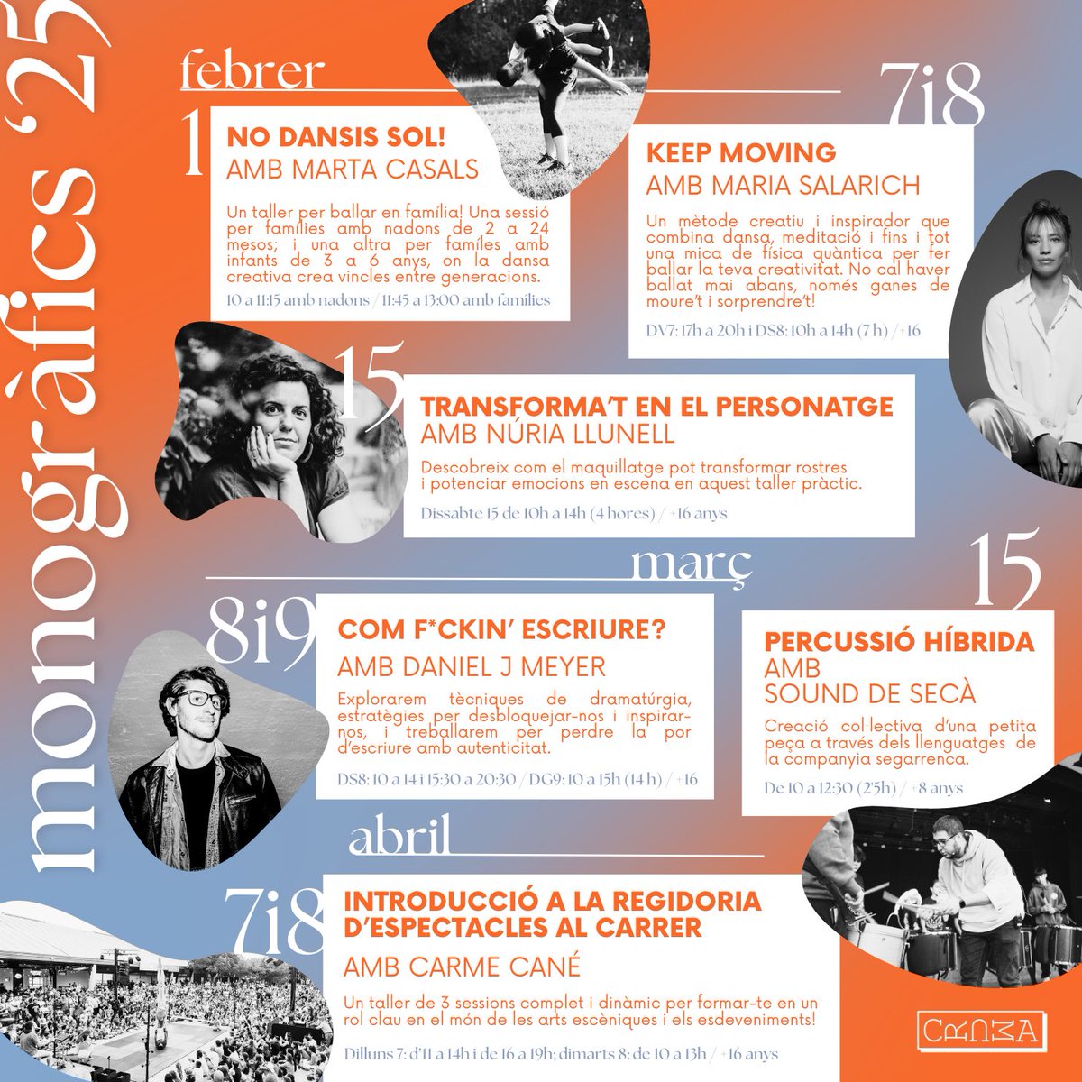 🎭 Des de <a href="/firatarrega/">FiraTàrrega</a> us recomanem els tallers monogràfics de Cruma Taller sobre arts escèniques.

💃 Dansa, meditació, maquillatge, dramatúrgia, percusssió, regidoria…

📲 Amplia la informació a crumataller.com