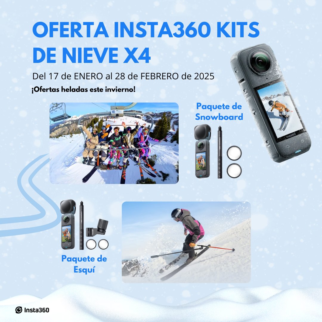 Aprovecha las OFERTAS en los kits de nieve Insta360
¡Prepárate para capturar tus mejores momentos en la nieve con las ofertas exclusivas de Insta360! 🏔️📸
Desde  el 17 de enero hasta el 28 de febrero de 2025, disfruta de descuentos  especiales en nuestros Kits de Nieve X4