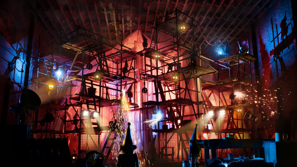 aardman's tweet photo. Caution, Norbots at work! ⚠️ 

See how our team made the Norbots basement scene a reality, from the initial concept art to the final shot. https://t.co/rtY8h7Sh7W