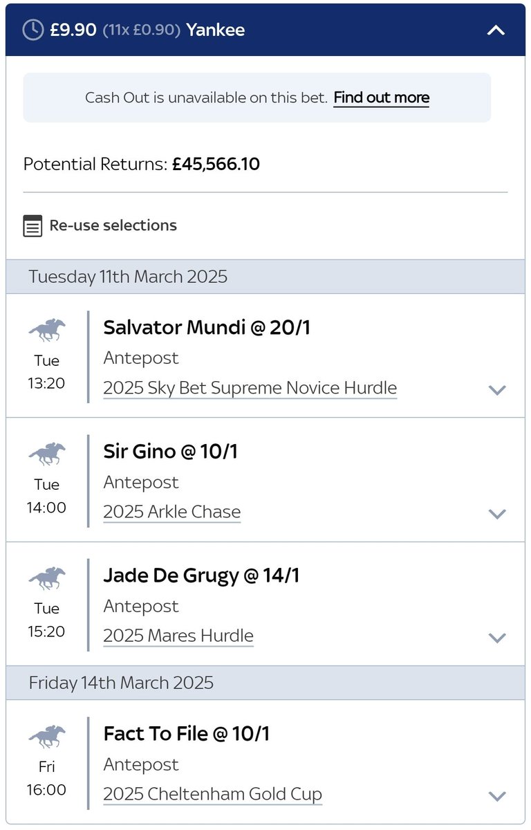 ChalkSport's tweet photo. @PaulBeck3001 Hi Paul, hope you are well, haven't really done any antepost this year due to a new addition but put this on in the summer (I think) 

Shame JDG hasn't been out yet and I have a suspicion FTF will run in the Ryanair due to the blue for Corbetts cross in the GC 
Wannabe faugheen_m https://t.co/cNL9XFQwKN