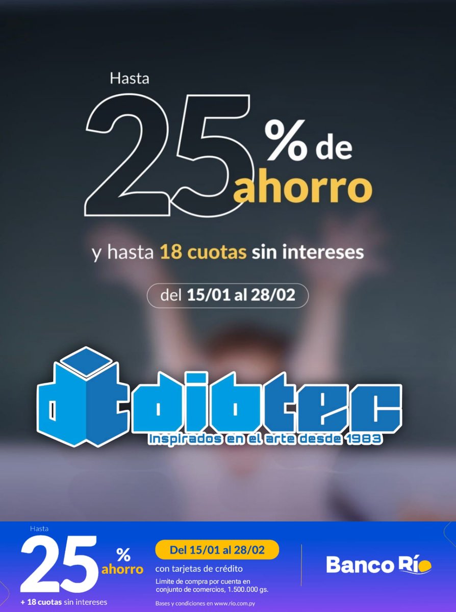 libreriadibtec's tweet photo. Con Banco Río tenes 25% de reintegro pagando con tu tarjeta de crédito 😉
Vigencia: del 15/01 al 28/02
Bases y condiciones en https://t.co/lJEASX03Zj https://t.co/BDxebpNC4s