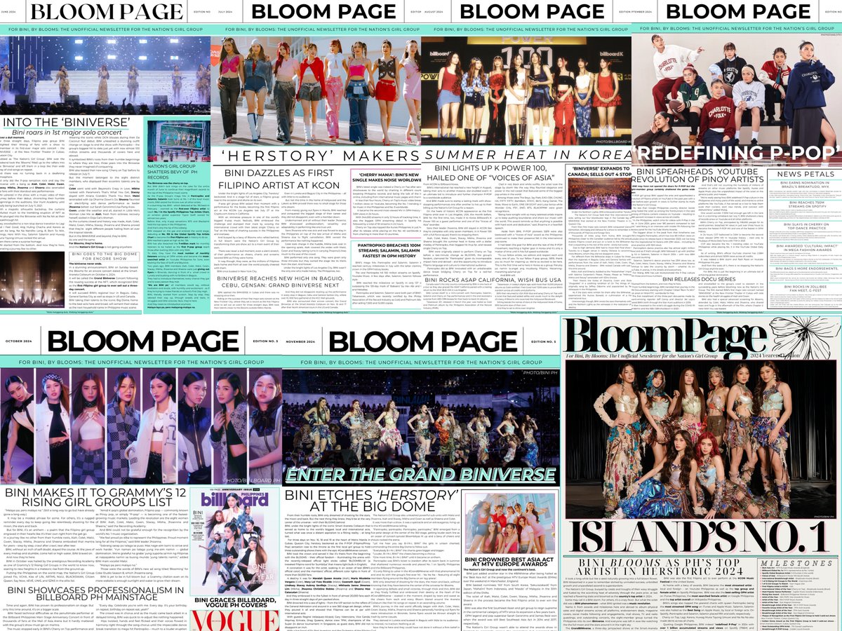 bini_writes's tweet image. BINI started with just a dream. Some of those were already realized -- and now etched on a newsletter they can claim as their own. And Blooms' as well.
Here's a thread of every BLOOM PAGE newsletter so far, a first of its kind in P-Pop.
FOR BINI, BY BLOOMS 🌸
#BINI @BINI_ph